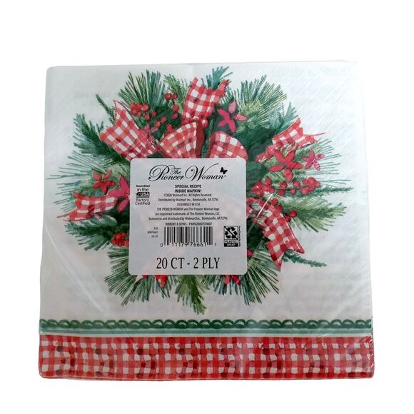 Christmas Dinner Napkins Gingham Ribbons Bows Pioneer Woman 2 Ply 20 Count - Picture 2 of 5
